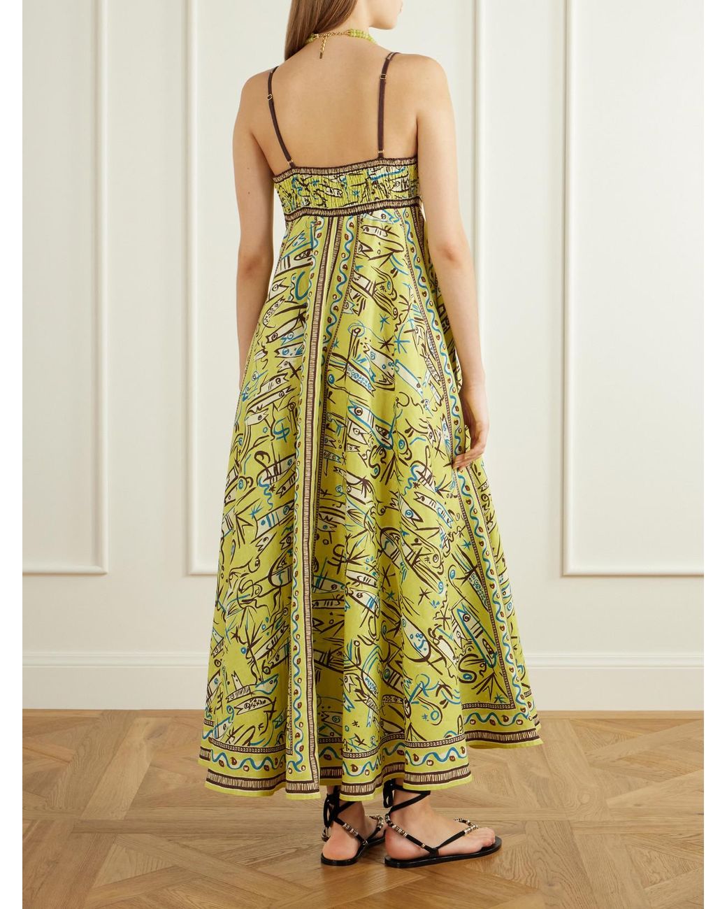 ALÉMAIS Yellow Fish Sticks Printed Linen Midi Dress