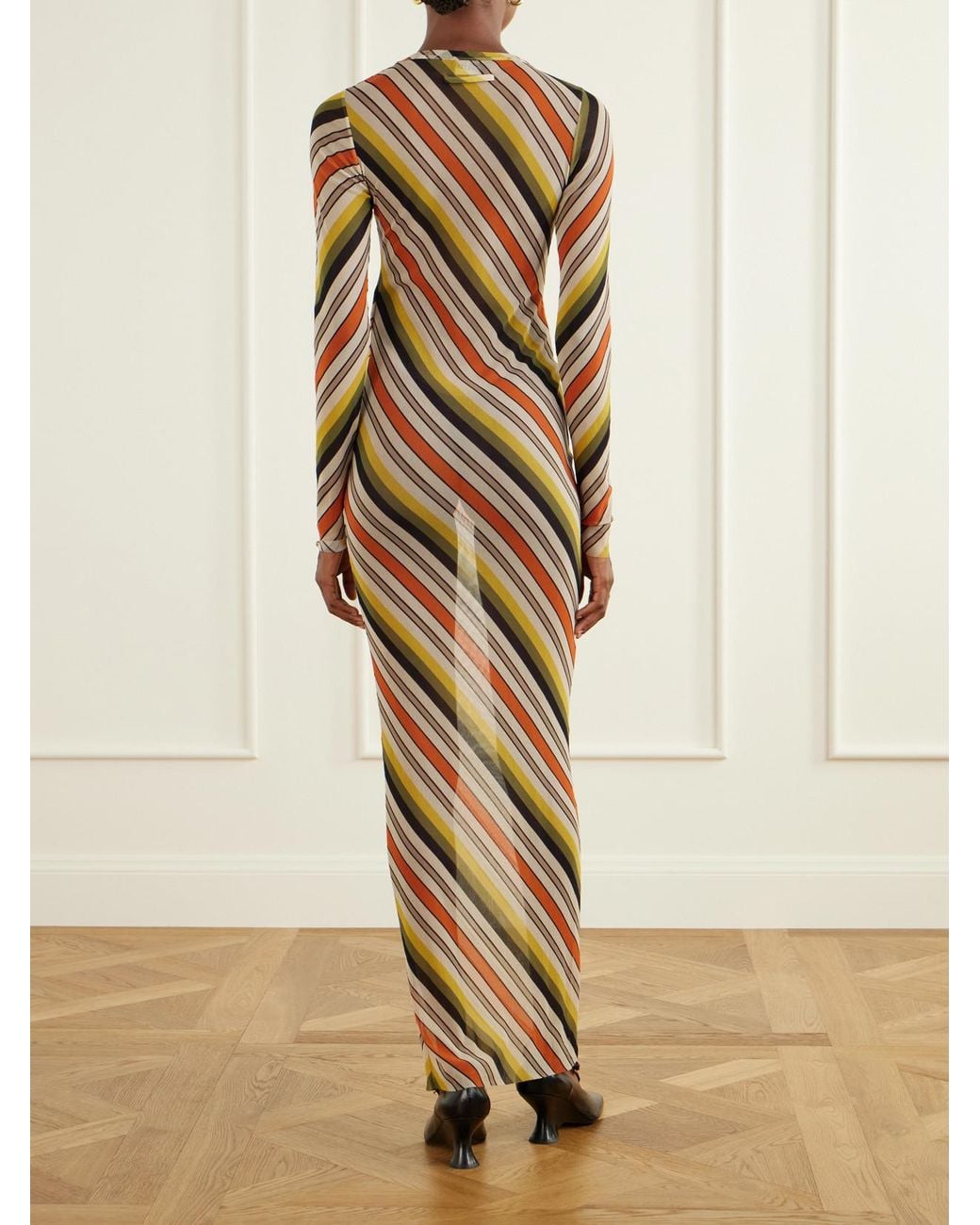 Jean Paul Gaultier Metallic Retro Stripe Printed Mesh Maxi Dress