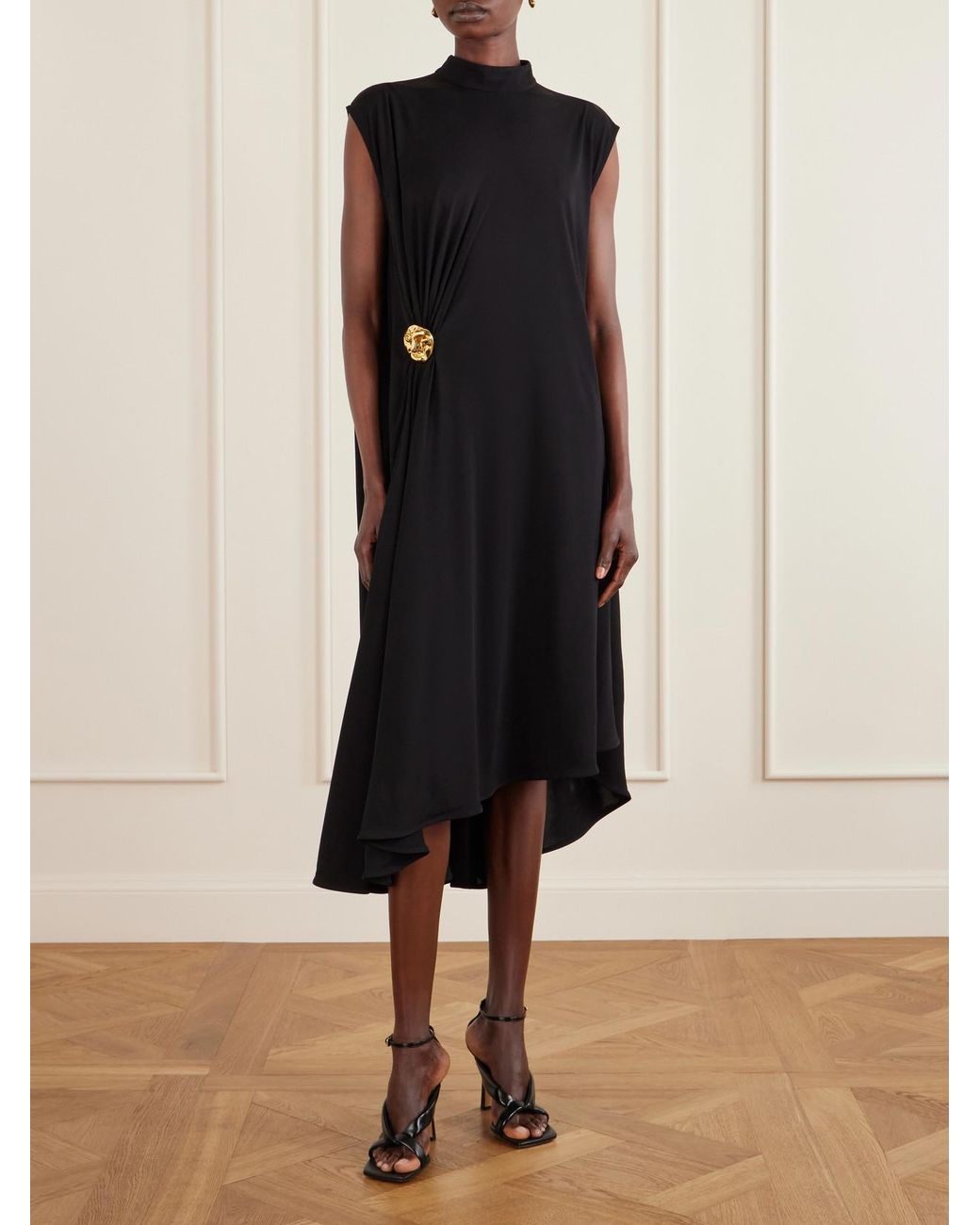 Bottega Veneta Black Embellished Jersey Midi Dress