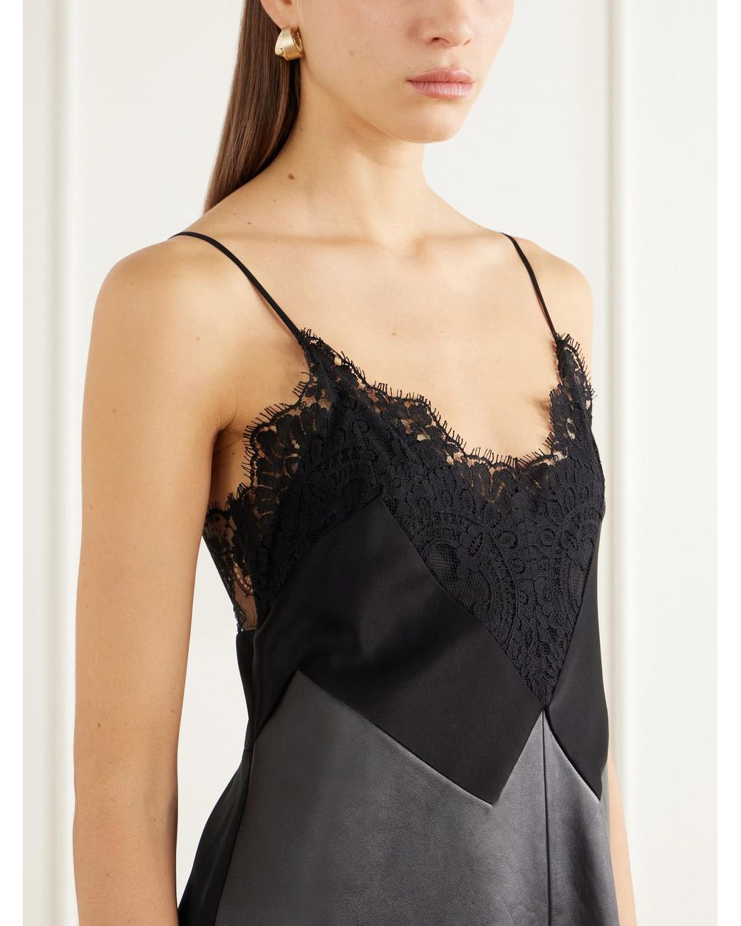 Sharon Wauchob Black Paneled Lace-Trimmed Satin And Leather Mini Dress