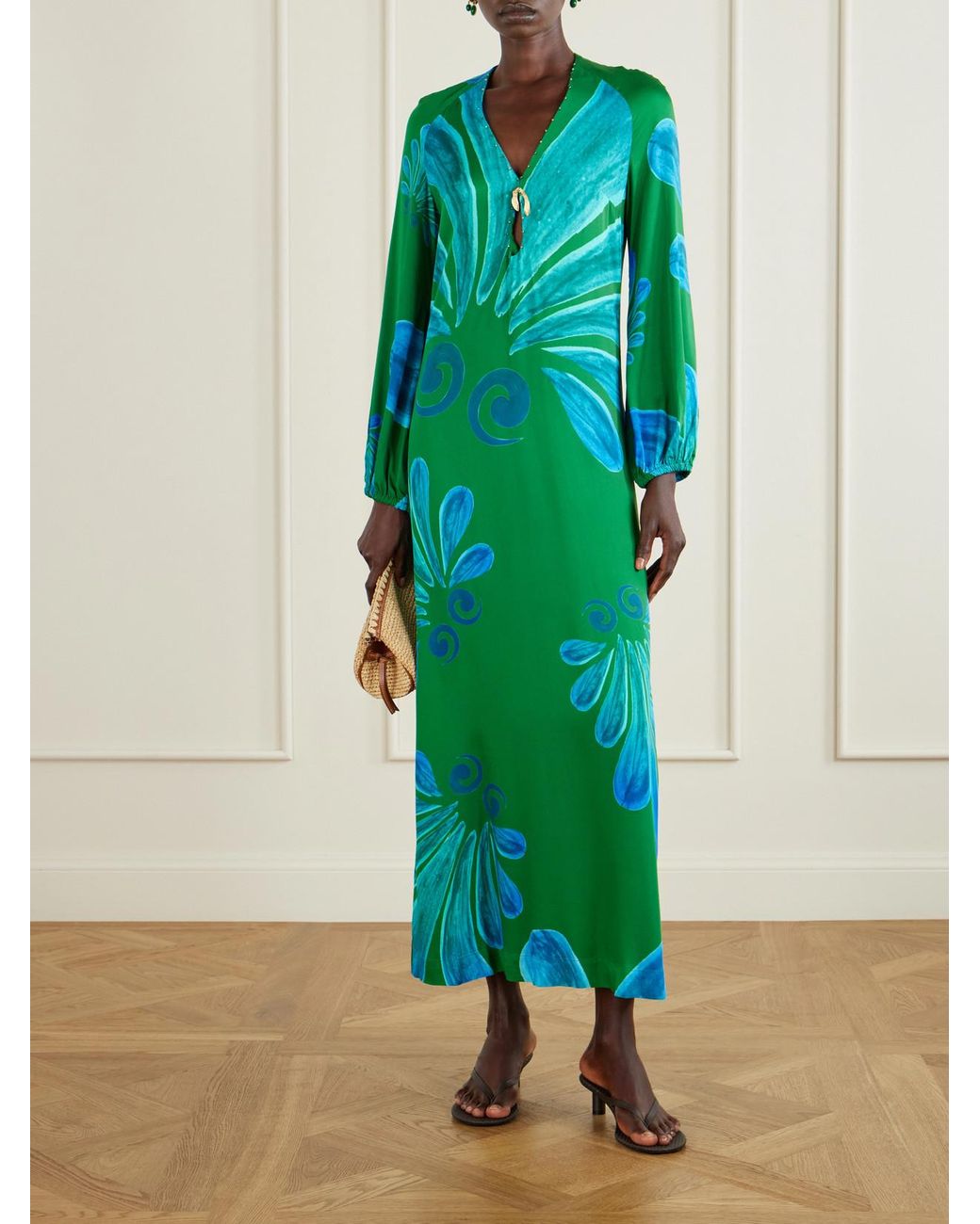 Themis Z Blue Alcmene Embellished Printed Crepe Maxi Dress