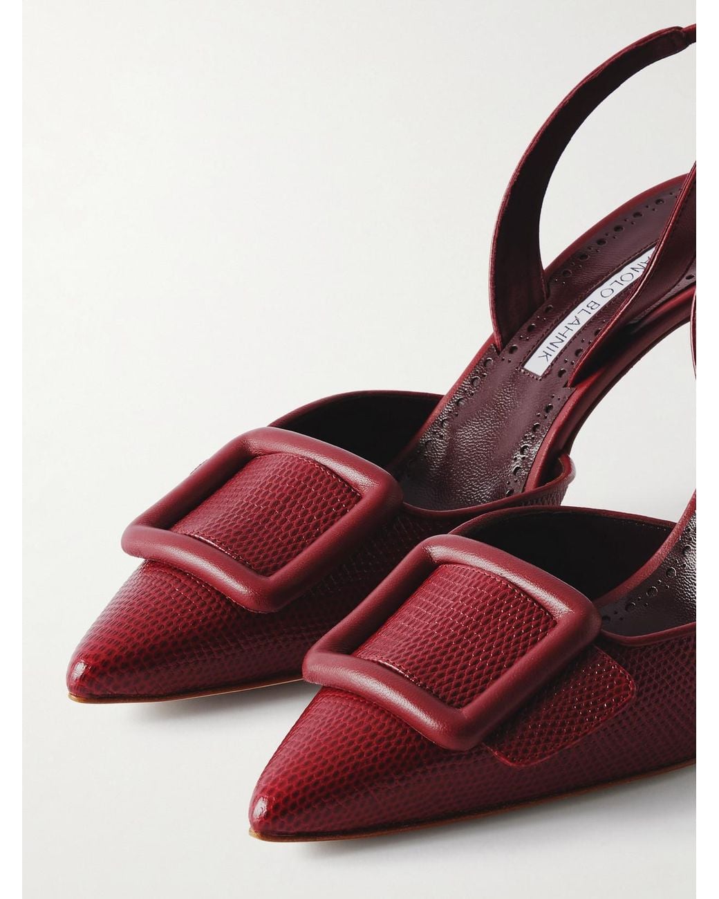 Manolo Blahnik Red Mayslibi 70 Lizard-Effect Leather Slingback Pumps