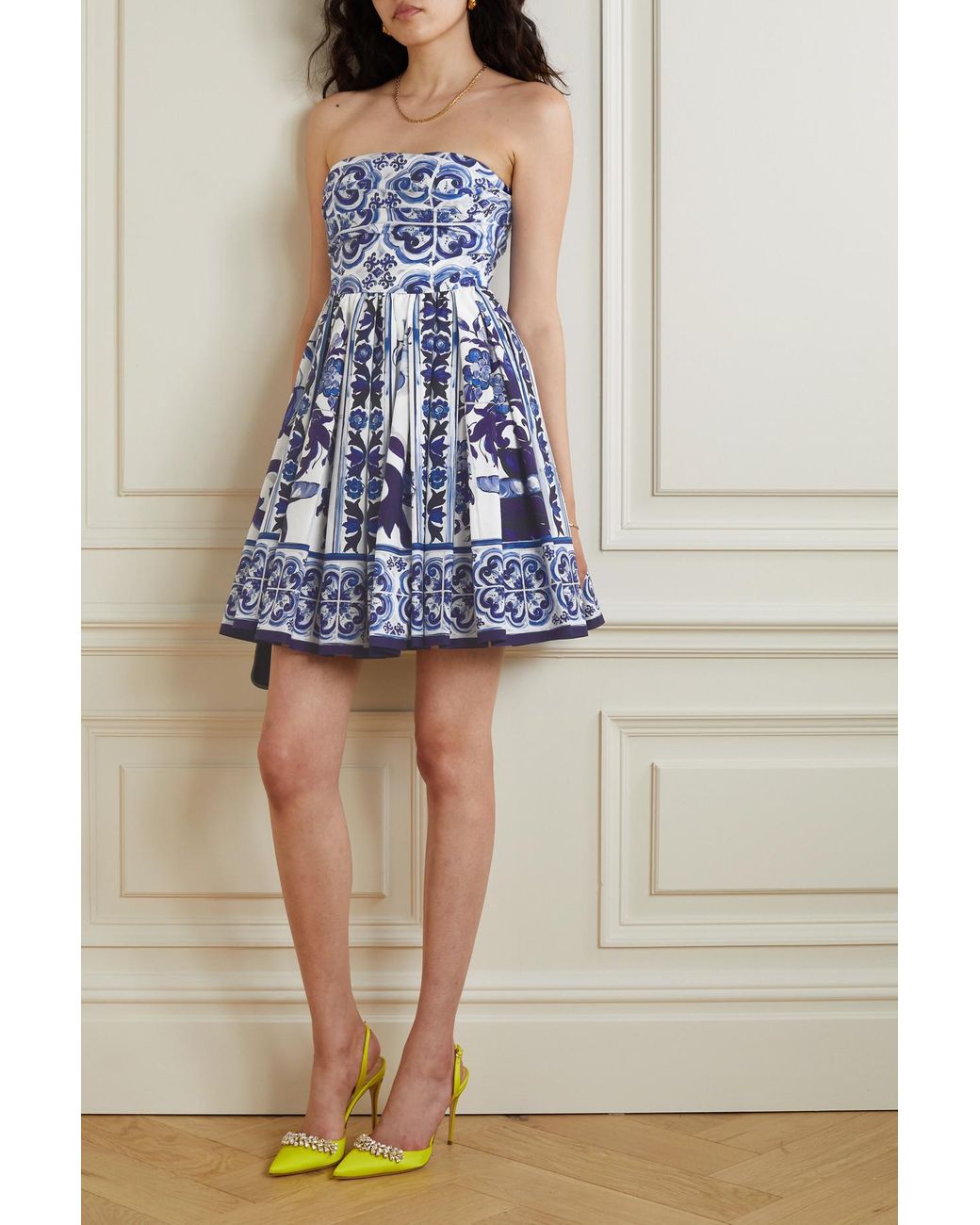 Dolce & Gabbana Strapless Pleated Printed Cotton-poplin Mini Dress in Blue  | Lyst