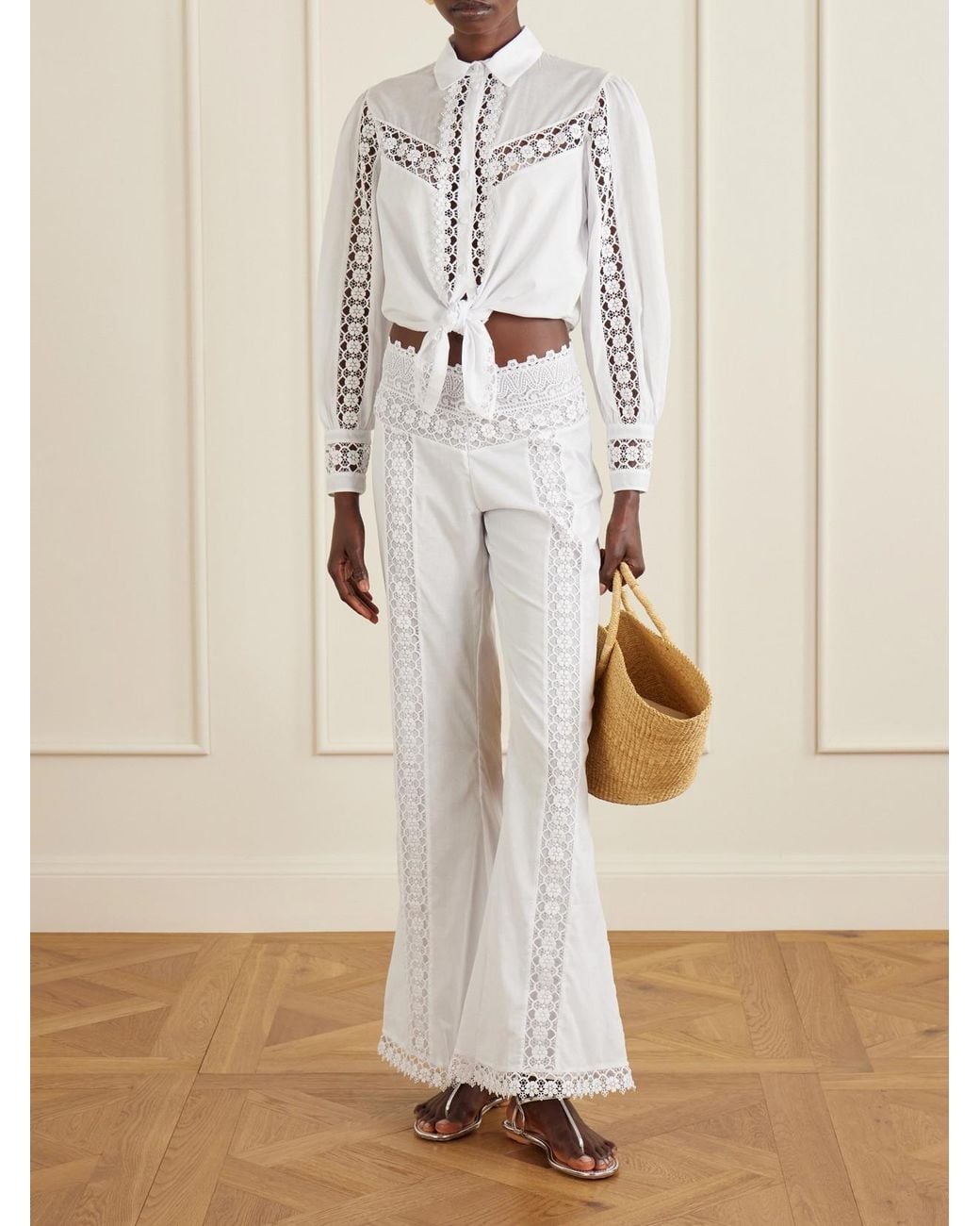 Charo Ruiz White Vianora Cotton-Blend Wide-Leg Pants