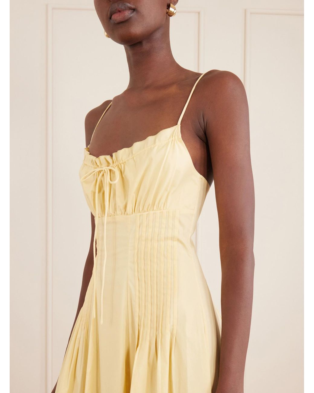 Staud Yellow Margi Ruffled Pleated Cotton-Stretch Poplin Midi Dress