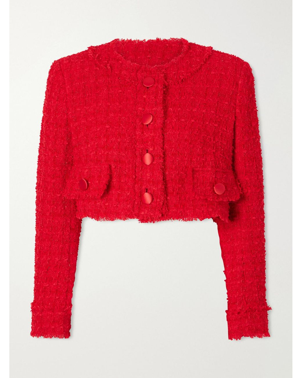 Dolce & Gabbana Red Cropped Frayed Cotton-Blend Tweed Jacket