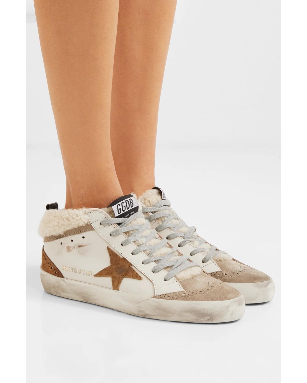 Golden Goose Mid Star Distressed Leather, Suede And Shearling Sneakers in  Natural | Lyst