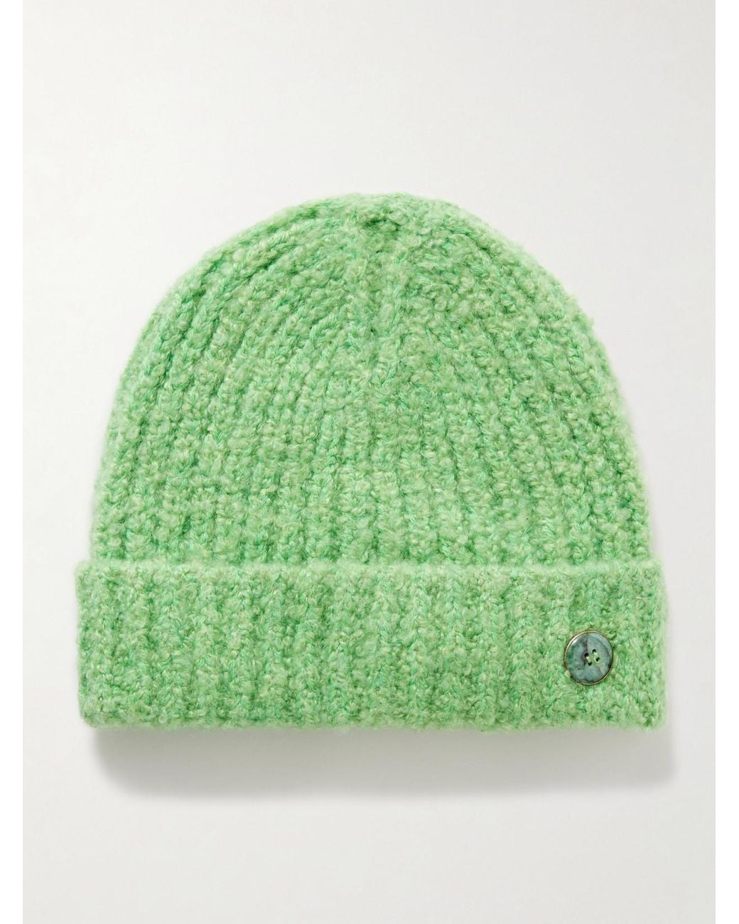 God's True Cashmere Green Button-Embellished Ribbed Cashmere-Bouclé Beanie