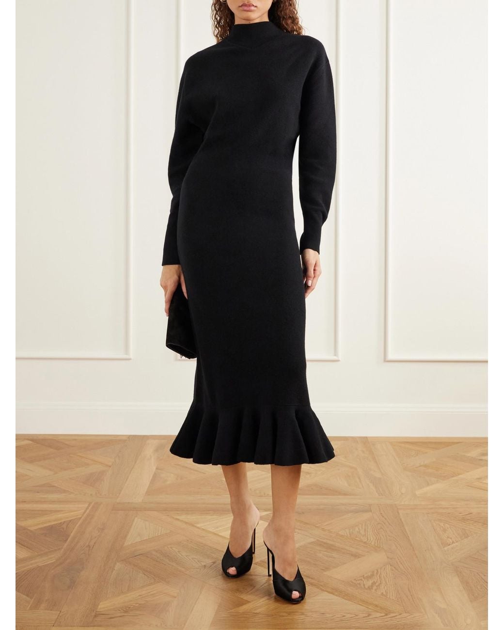 Lanvin Black Peplum Ribbed-Trim Wool And Cashmere-Blend Midi Dress
