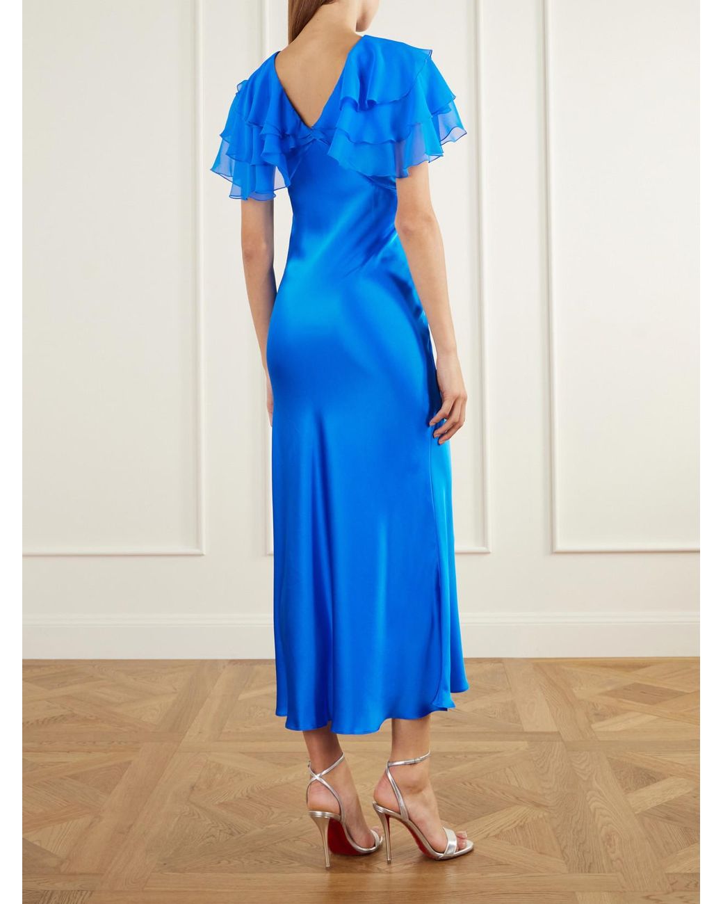 Rodarte Blue Ruffled Cape-Effect Floral-Appliquéd Silk-Satin Midi Dress