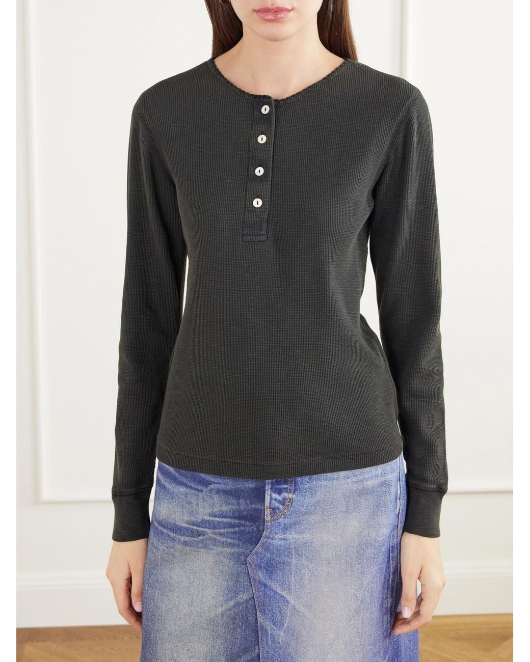RRL Black Waffle-Knit Cotton-Blend Henley Top