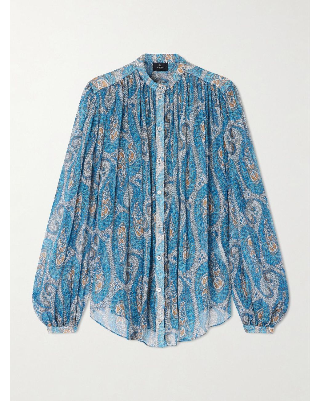 Etro Blue Pleated Paisley-Print Silk-Crepon Blouse