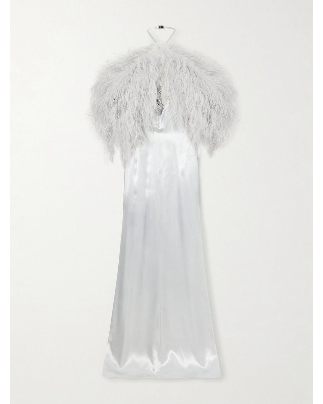 The Attico White Feather-Trimmed Halterneck Satin Gown