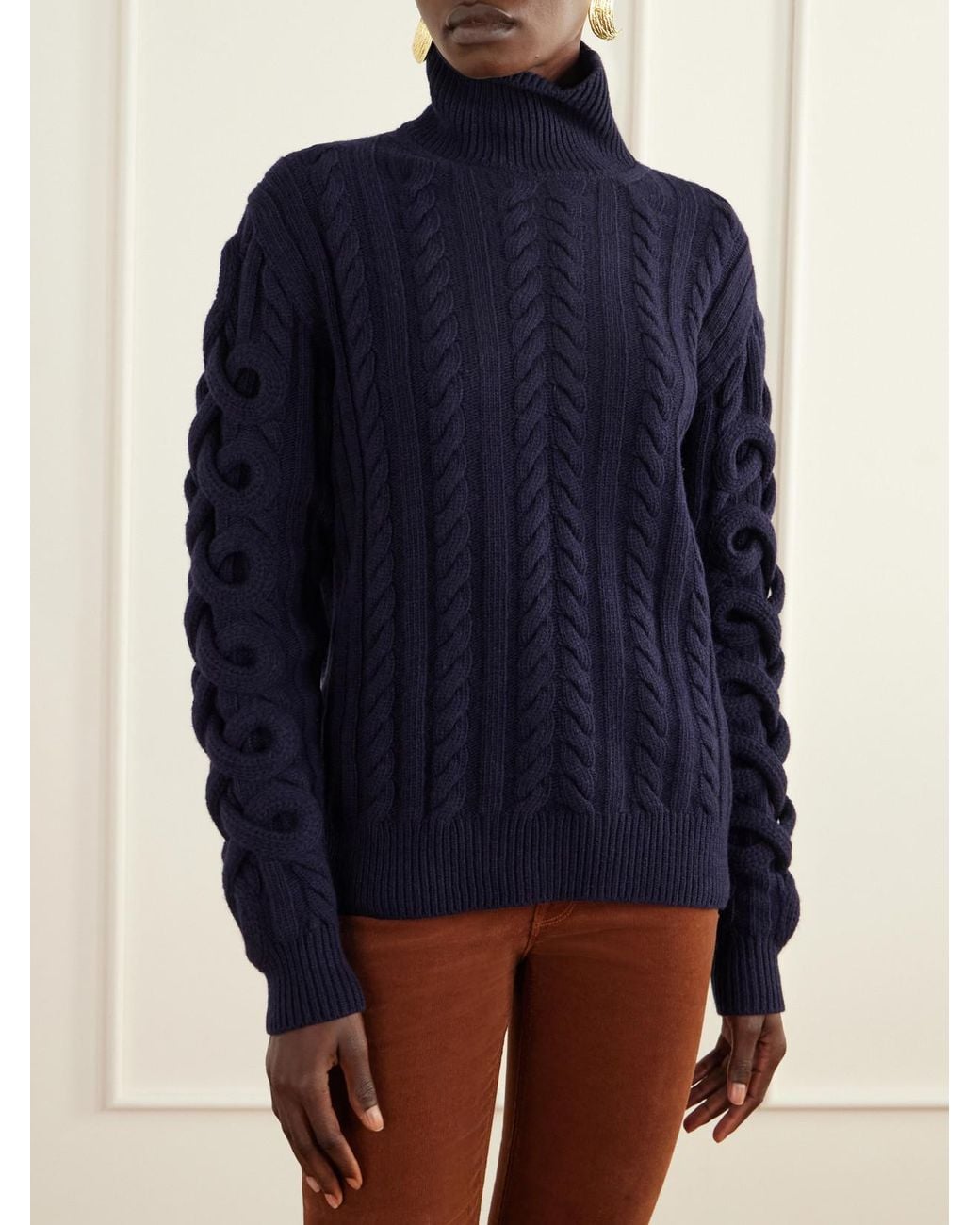 Etro Blue Cable-Knit Wool-Blend Turtleneck Sweater