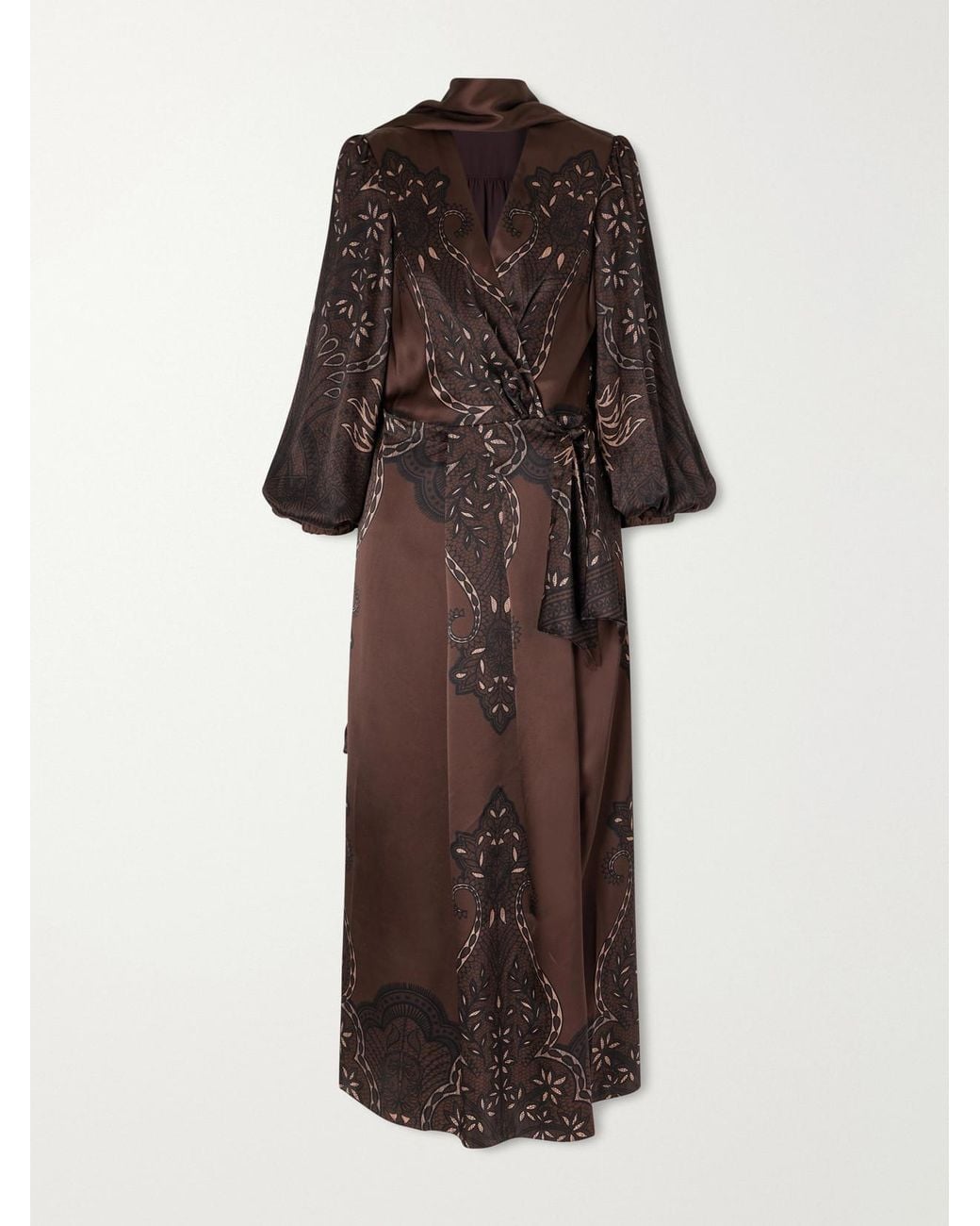Johanna Ortiz Brown Scarf-Detailed Printed Silk-Satin Maxi Dress