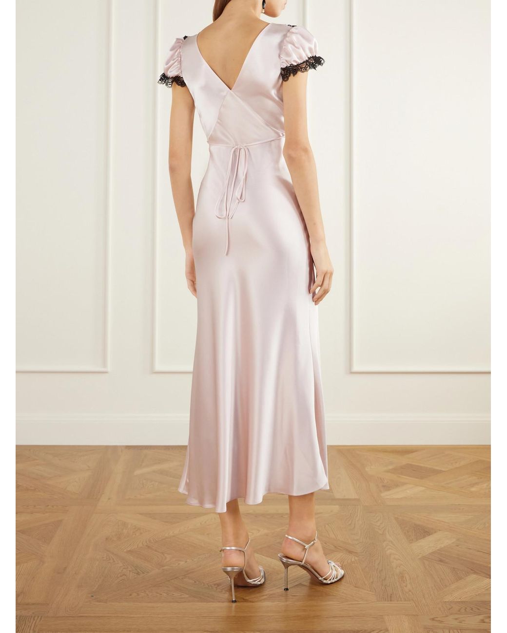 Rodarte Pink Ruffled Lace-Trimmed Satin Midi Dress