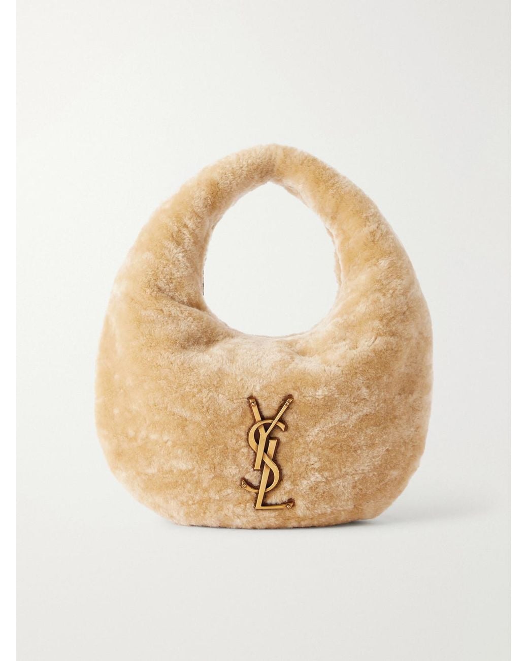 Saint Laurent Natural Icarino Cassandre-Embellished Shearling Mini Bag