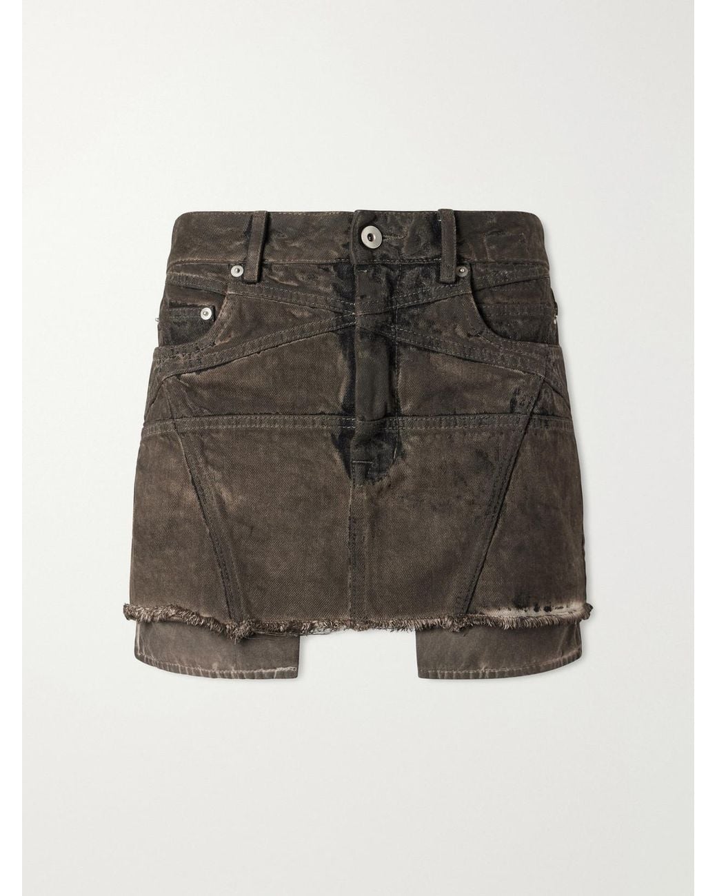 Rick Owens Gray Drkshdw Lana Paneled Frayed Denim Mini Skirt