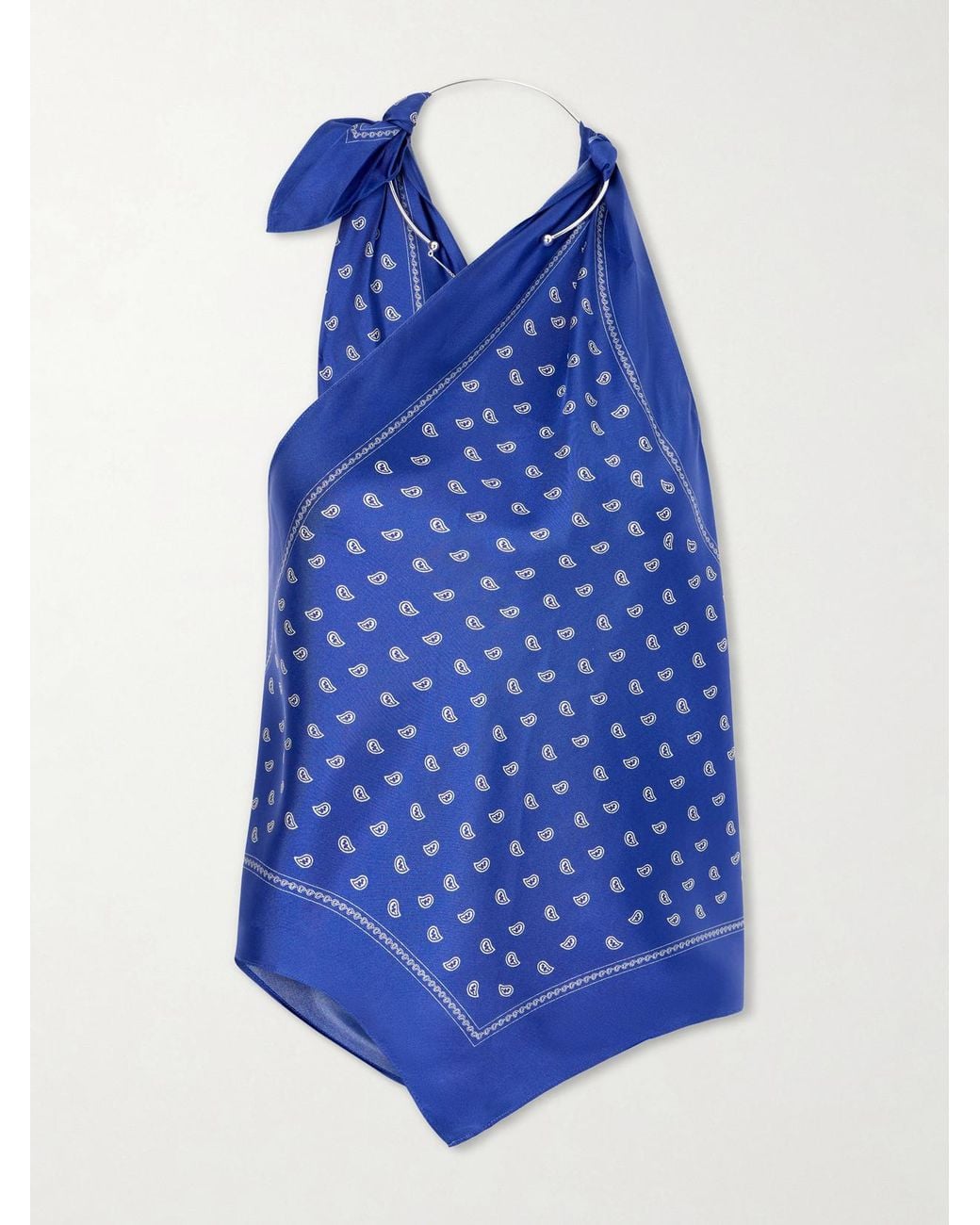 Christopher Esber Blue One-Shoulder Embellished Bandana-Print Silk Top