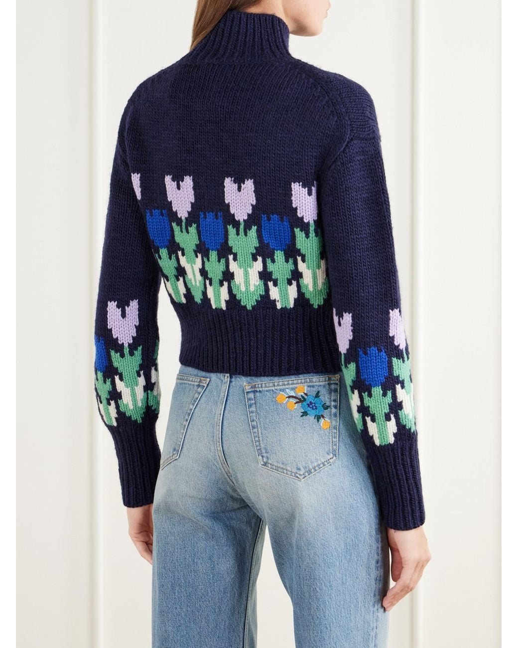 Chloé Blue Cropped Mock-Neck Floral-Intarsia Wool Sweater
