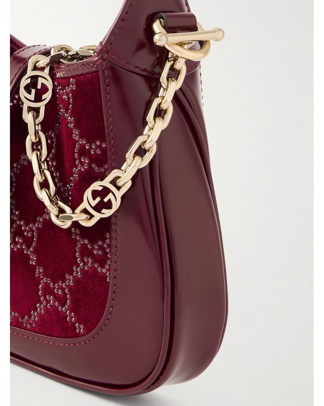 Gucci Red Jackie 1961 Crystal-Embellished Velvet And Leather Shoulder Bag