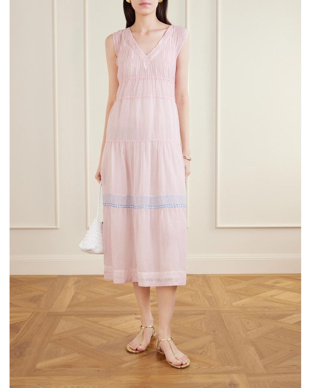 Eka Pink Ember Tie-Detailed Striped Cotton Silk Dress