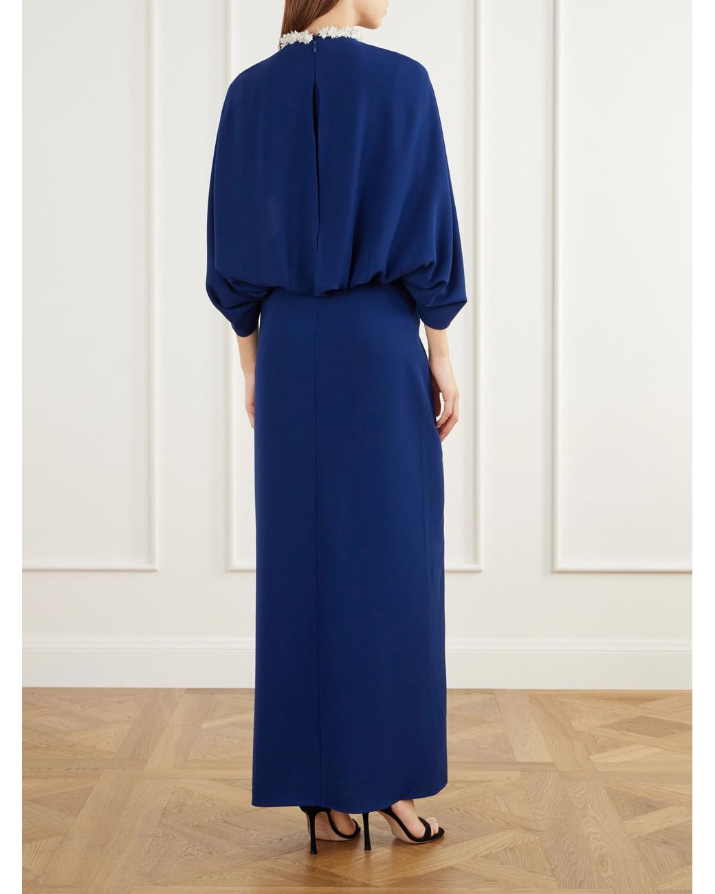 Jonathan Simkhai Blue Annette Cape-Effect Bead-Embellished Gathered Velvet-Trimmed Crepe Gown