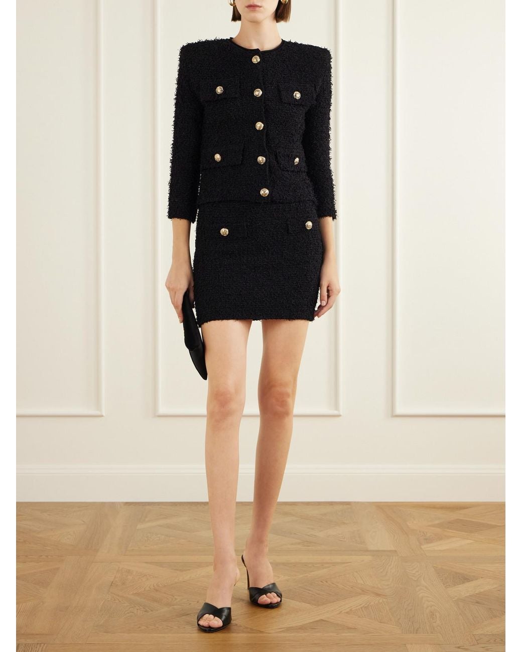 Balmain Black Tweed Embellished Mini Skirt