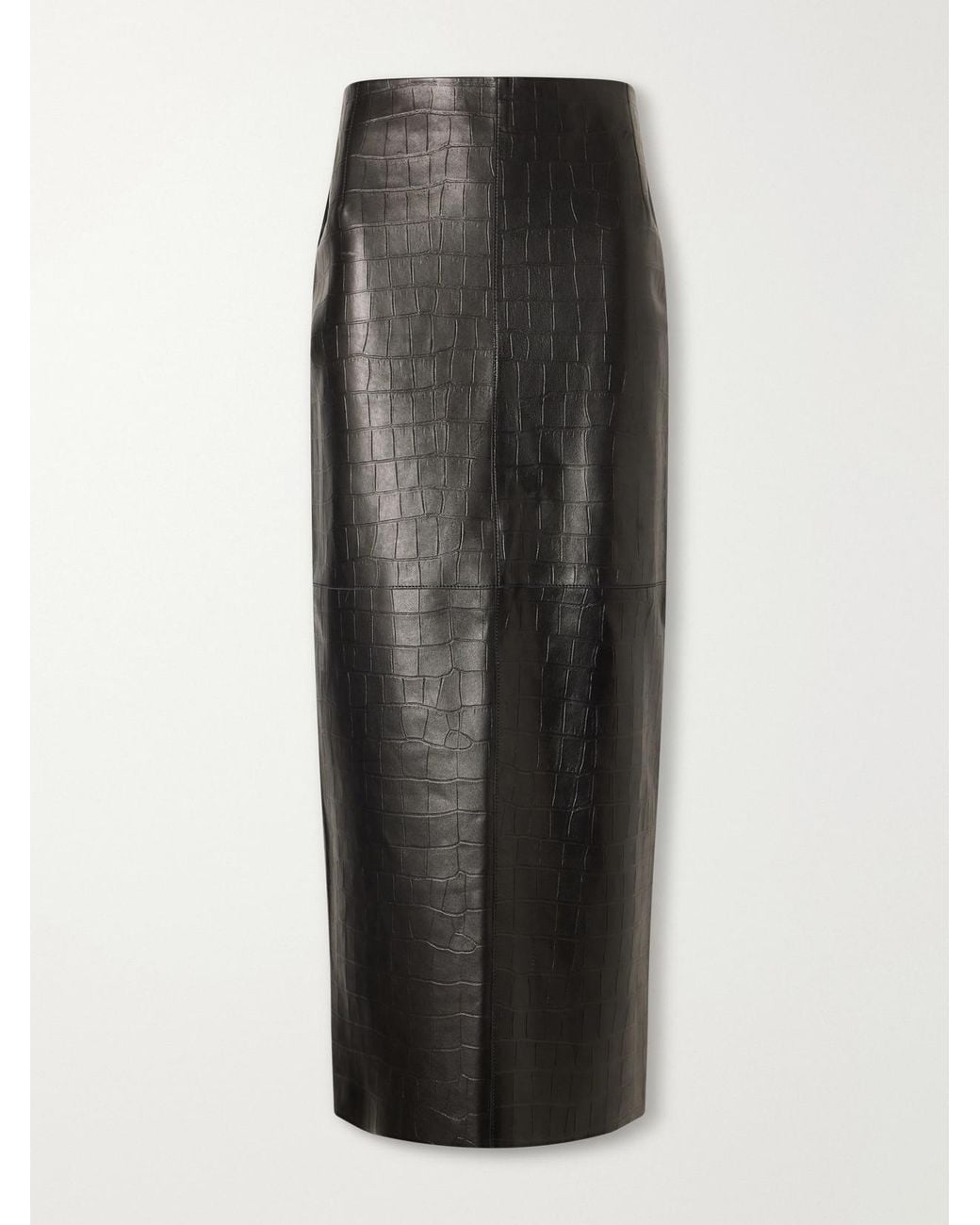 Nour Hammour Black Elyse Paneled Croc-Effect Leather Midi Skirt