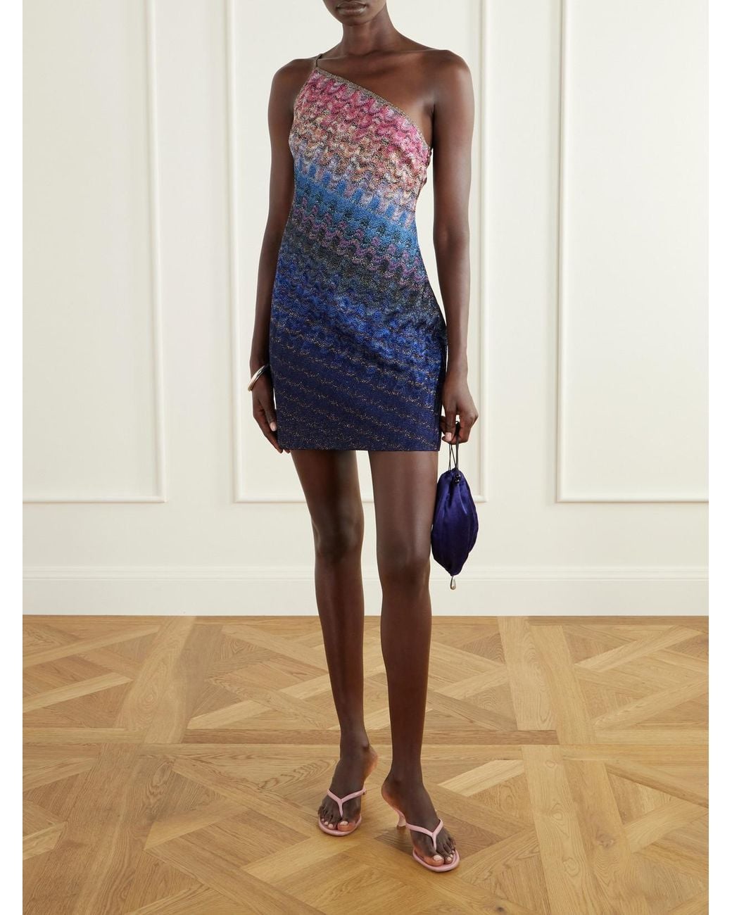 Missoni Blue One-Shoulder Metallic Crochet-Knit Mini Dress