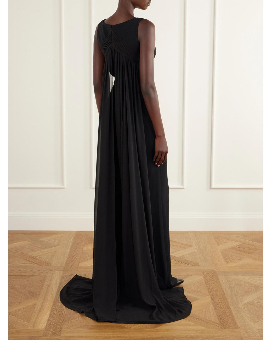 Elie Saab Black Ruched Chiffon-Trimmed Silk-Blend Cady Jumpsuit