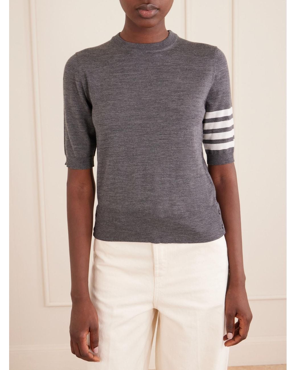 Thom Browne Gray Grosgrain-Trimmed Striped Wool-Blend Sweater