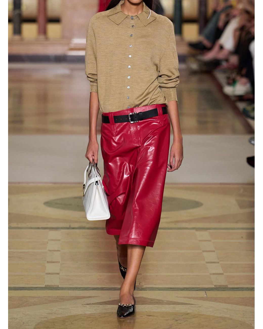 Tory Burch Red Leather Midi Skirt