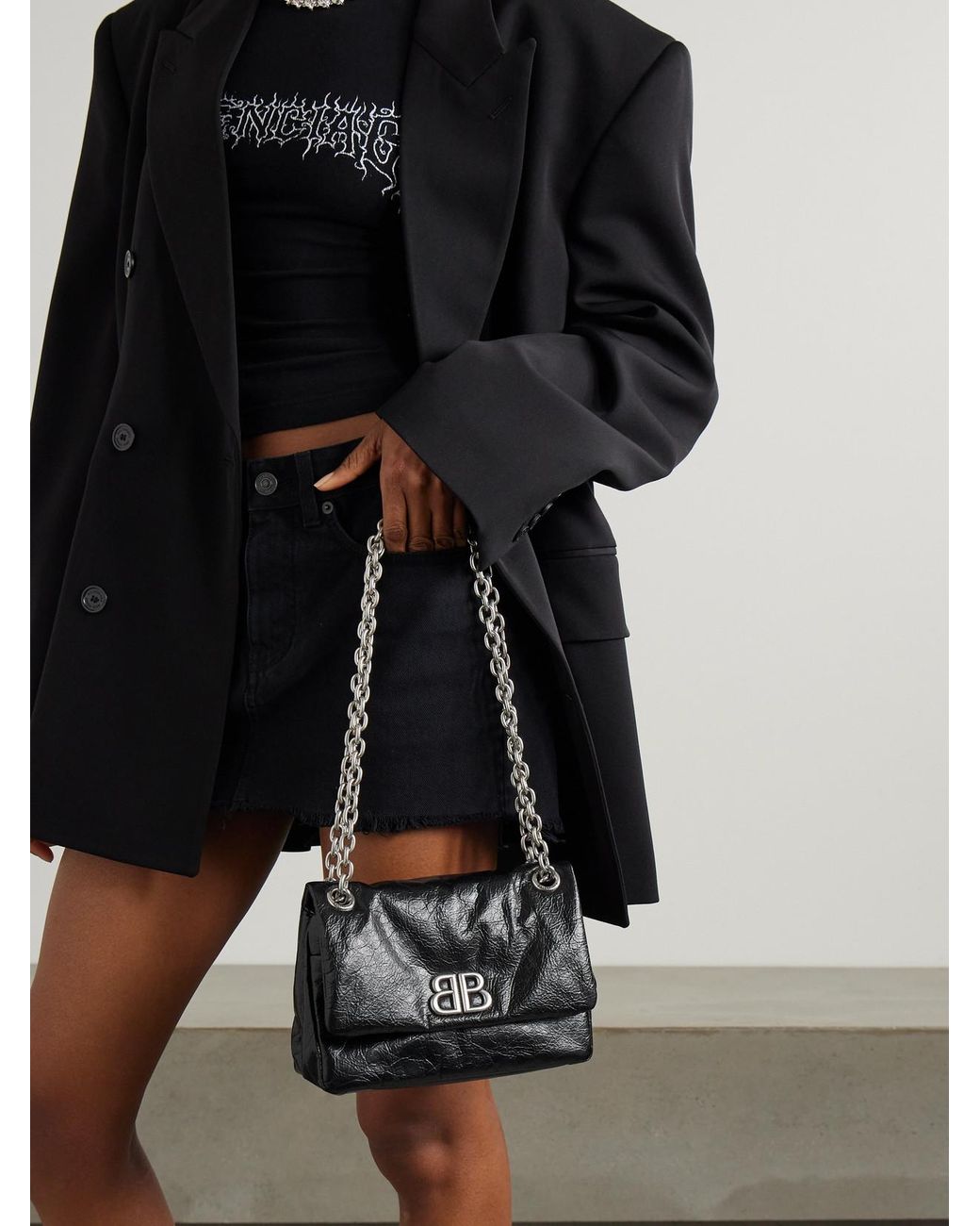 Balenciaga Black Monaco Mini Textured-Leather Shoulder Bag