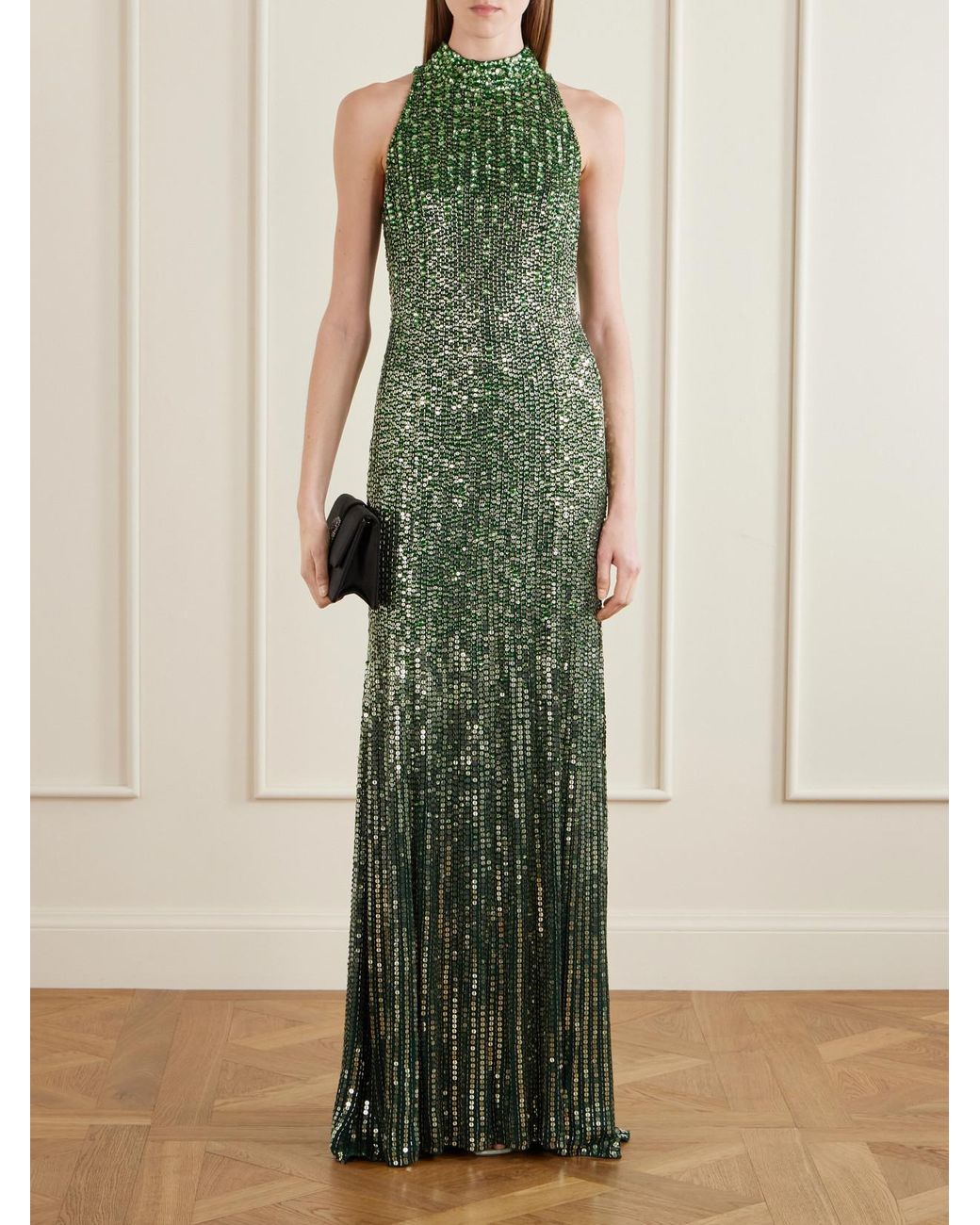 Jenny Packham Green Benue Sequined Mesh Halterneck Gown