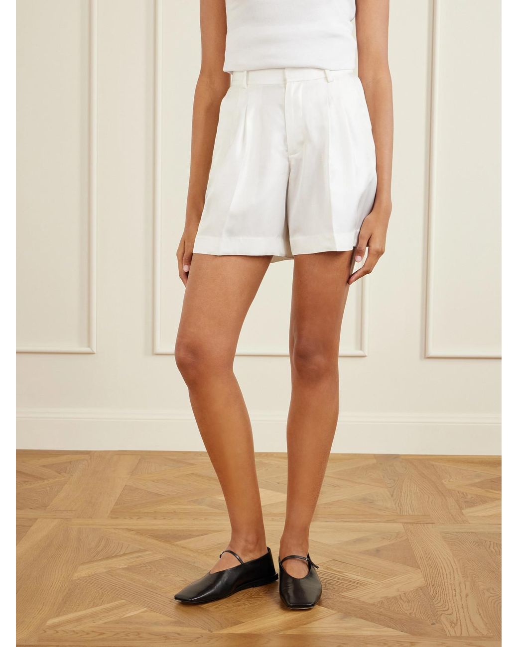 Lisa Yang White Pleated Silk-Twill Shorts