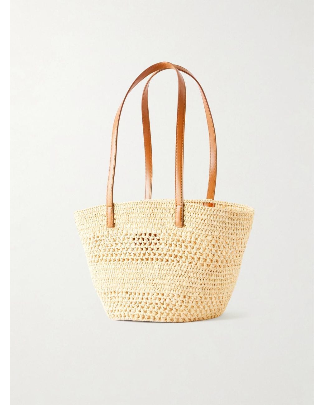 Saint Laurent Natural Panier Small Leather-Trimmed Raffia Tote