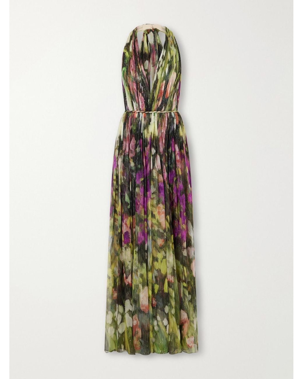 Oscar de la Renta White Belted Tie-Detailed Floral-Print Silk-Blend Chiffon Halterneck Gown