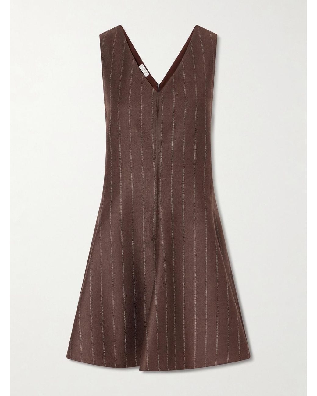 Brunello Cucinelli Brown Striped Wool Woven Mini Dress