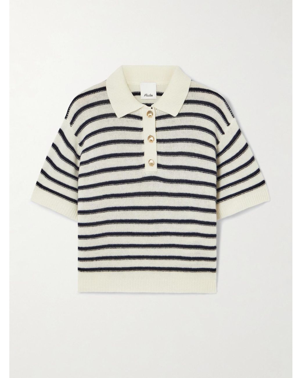 Allude Gray Striped Wool And Cashmere-Blend Polo Sweater