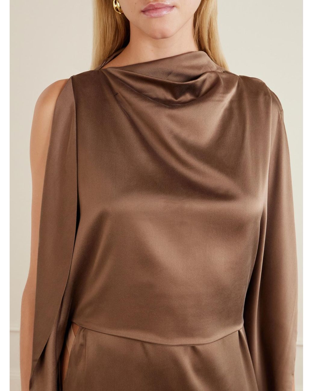 Ruohan Brown Ikra Cape-Effect Draped Silk-Habotai Maxi Dress