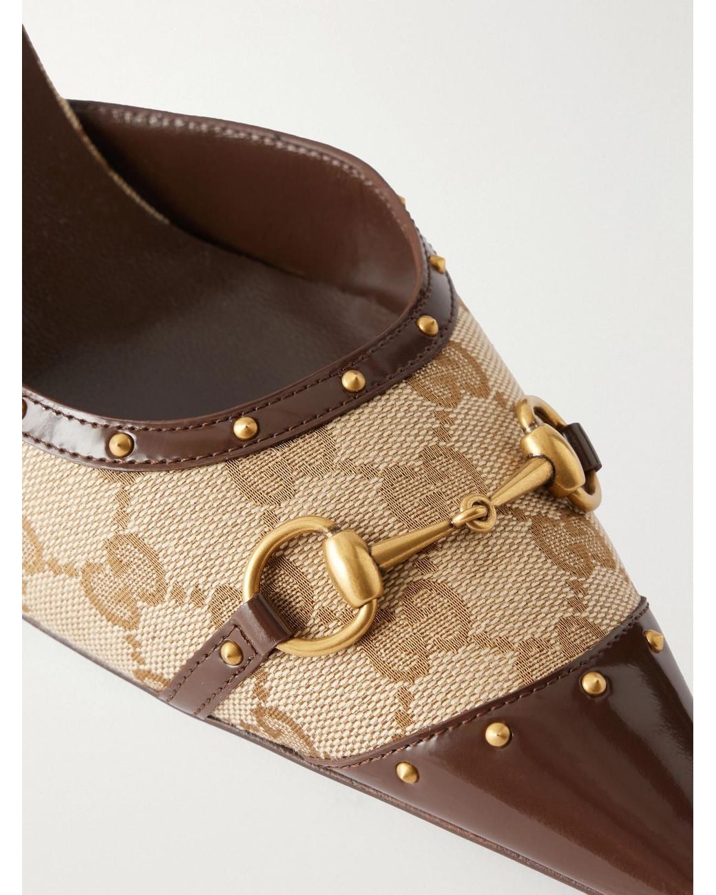 Gucci Natural Savoy Horsebit-Embellished Leather-Trimmed Canvas-Jacquard Pumps