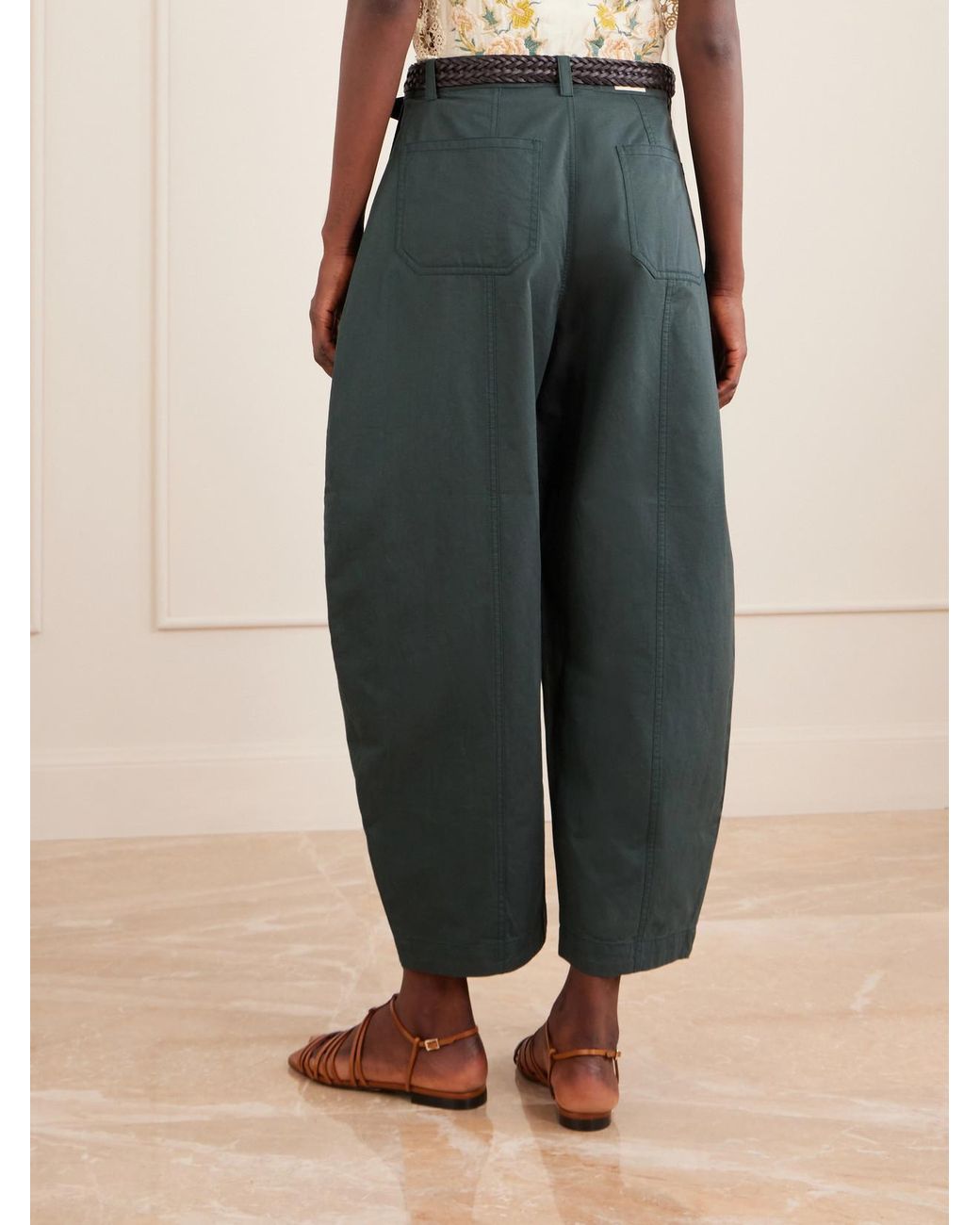 Sea Green Odessa Belted Cotton Wide-Leg Pants