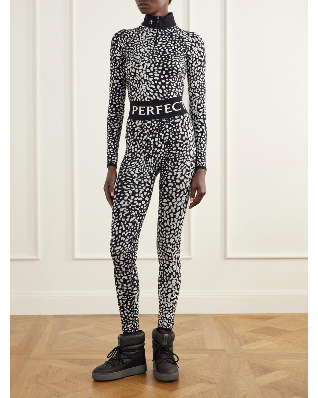 Perfect Moment Black Leopard-Jacquard Thermal Stretch-Knit Ski Leggings