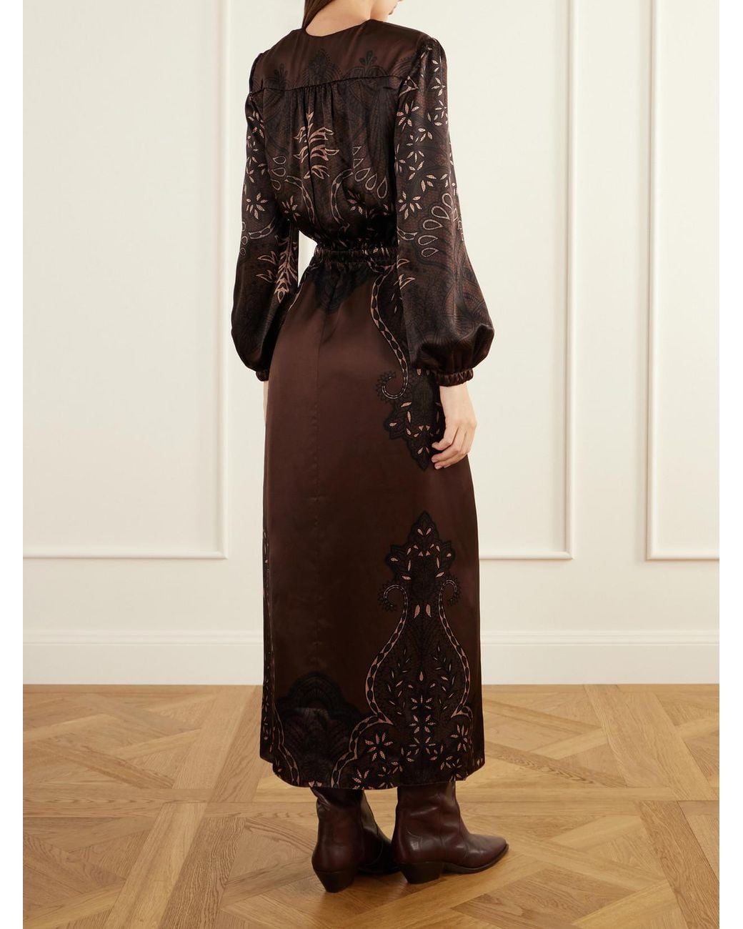 Johanna Ortiz Brown Scarf-Detailed Printed Silk-Satin Maxi Dress