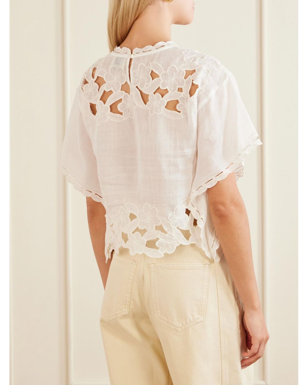Isabel Marant White Relda Cropped Embroidered Ramie Blouse