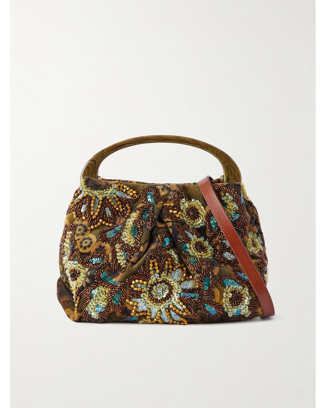 Dries Van Noten Green Bead-Embellished Printed Leather-Trimmed Velvet Shoulder Bag
