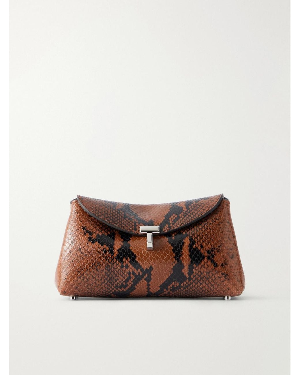 Totême Brown T-Lock Mini Snake-Effect Leather Clutch