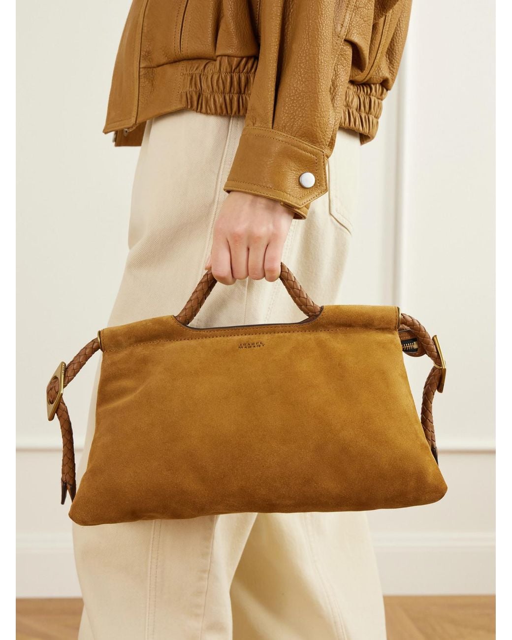 Isabel Marant Brown Pipa Braided Leather-Trimmed Suede Shoulder Bag