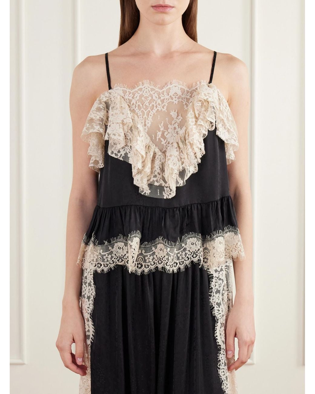 Sea Black Ethel Ruffled Lace-Trimmed Floral-Jacquard Satin Cami